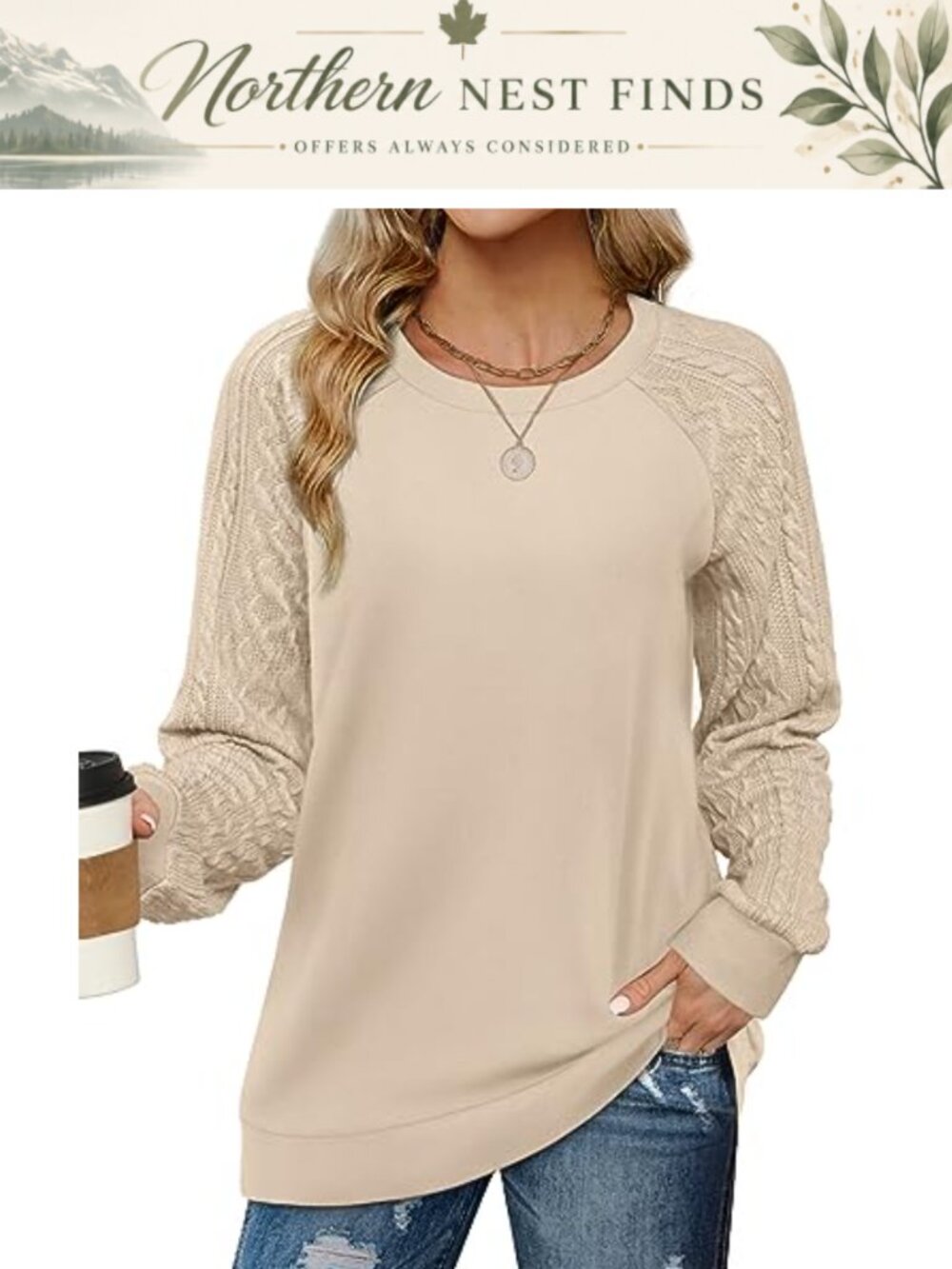 Womens Crewneck Sweatshirt Cable Knit Color Block Tunic Top Long Sleeve